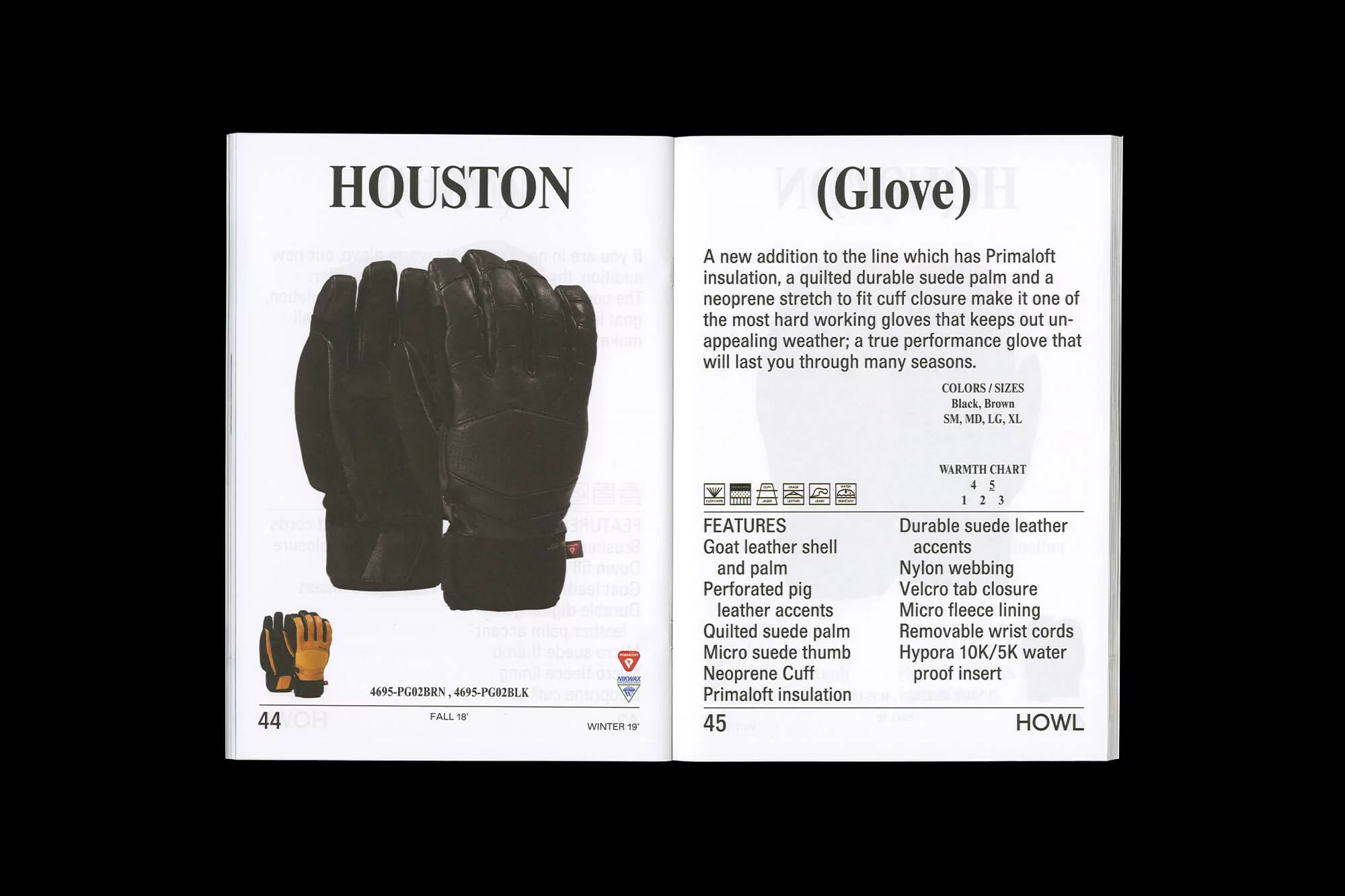 Product shot of black Houston gloves. Winter apparel featured in a magazine spread on a white page with legible product description.