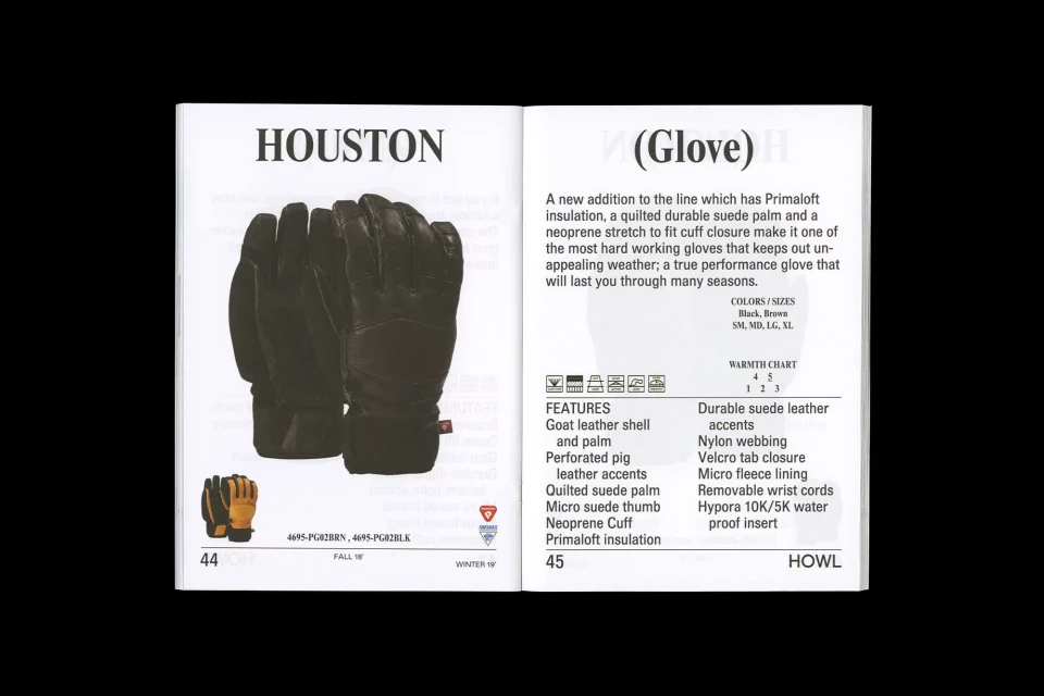 Product shot of black Houston gloves. Winter apparel featured in a magazine spread on a white page with legible product description.