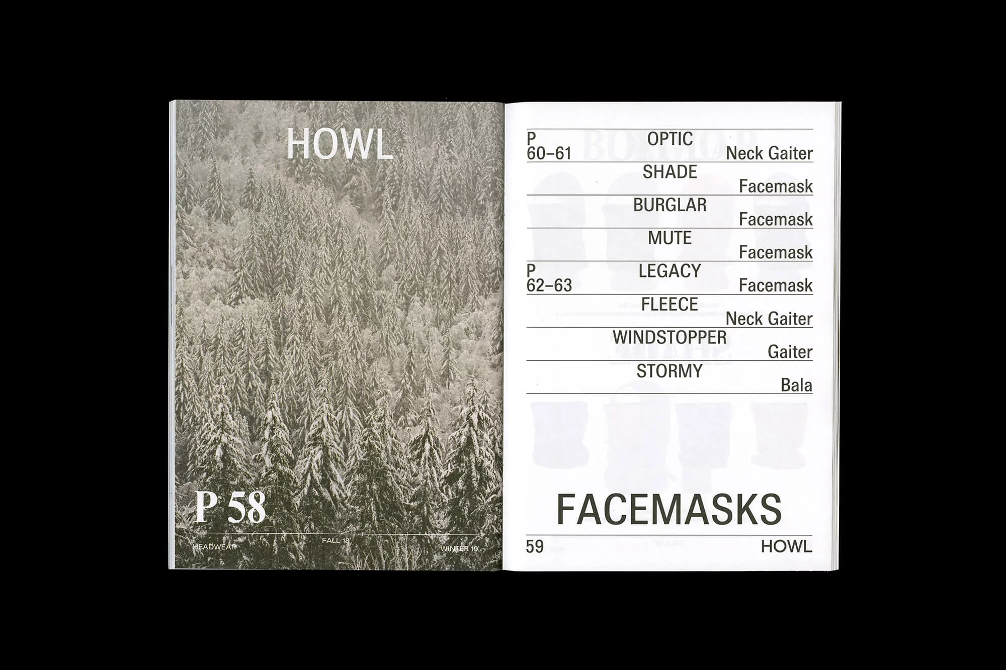 Open catalog spread featuring a snow-covered forest scene alongside product listings for face masks, neck gaiters, and balaclavas.