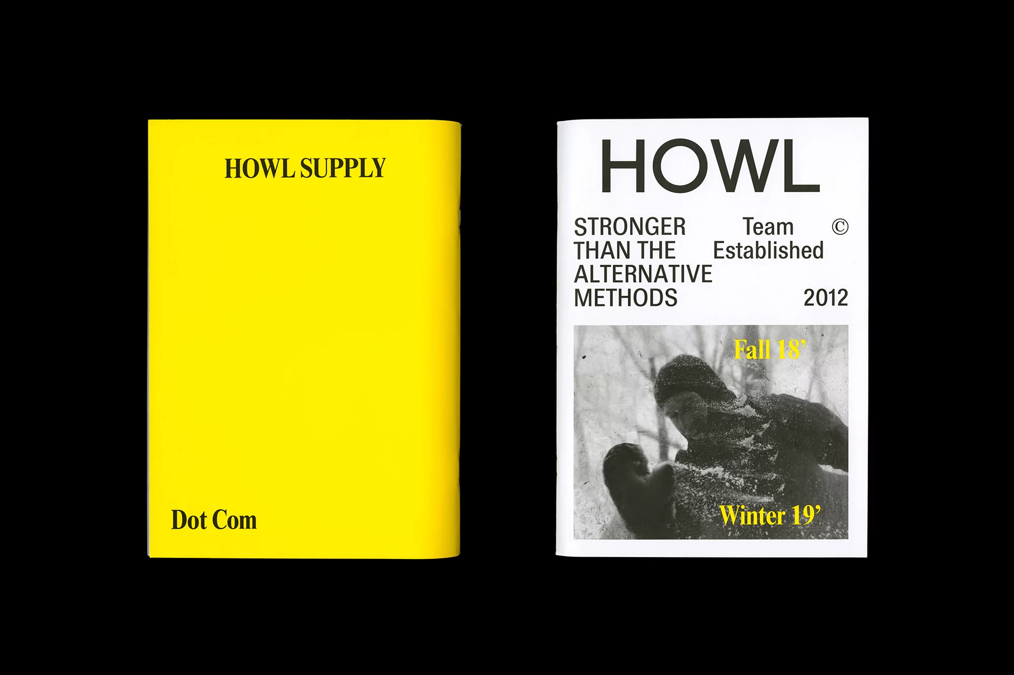 Two Howl Supply booklets, one solid yellow with black text, the other white with black text and a grayscale winter landscape image.