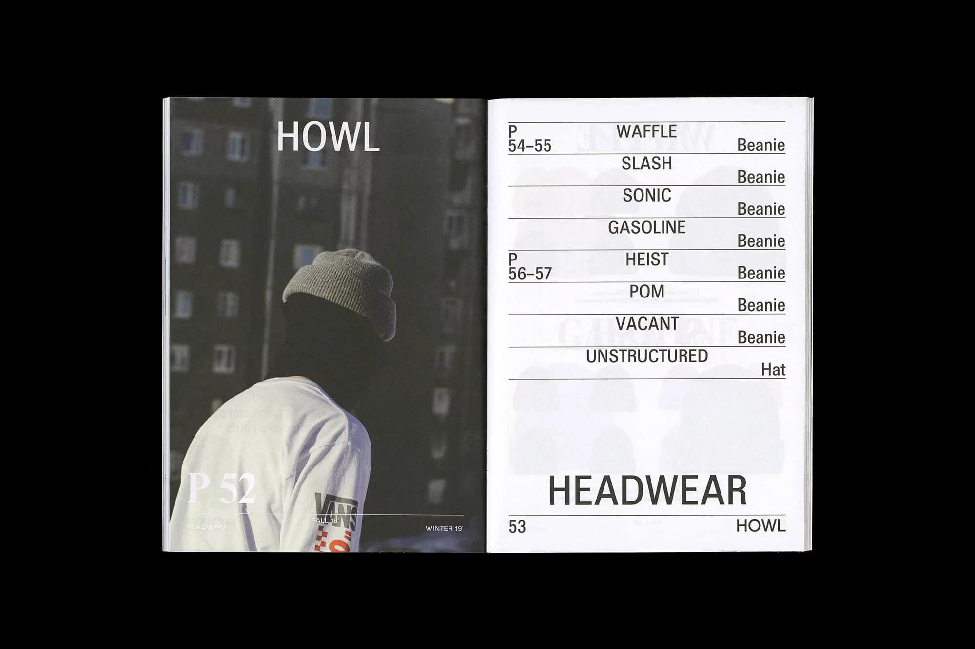 Magazine spread featuring a person in a beanie and white t-shirt with a city building backdrop, next to a product list titled 'HEADWEAR'.