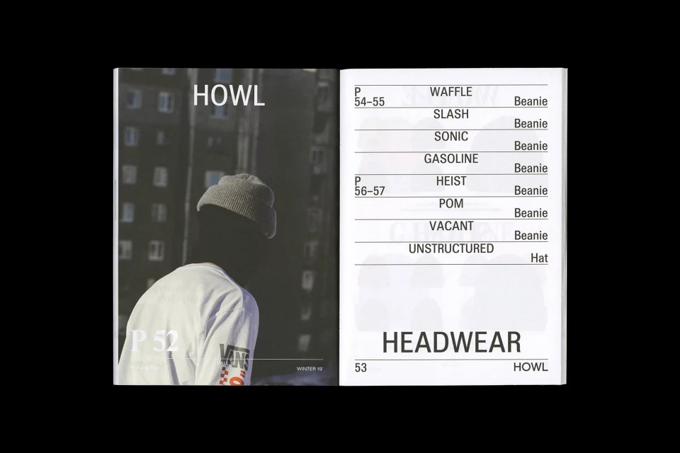 Magazine spread featuring a person in a beanie and white t-shirt with a city building backdrop, next to a product list titled 'HEADWEAR'.