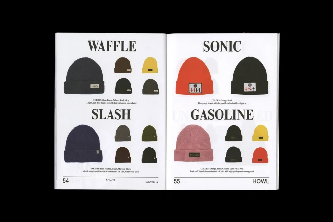 Open catalog spread showing various colors of knitted beanie hats on a white background with brand and product names in black text.