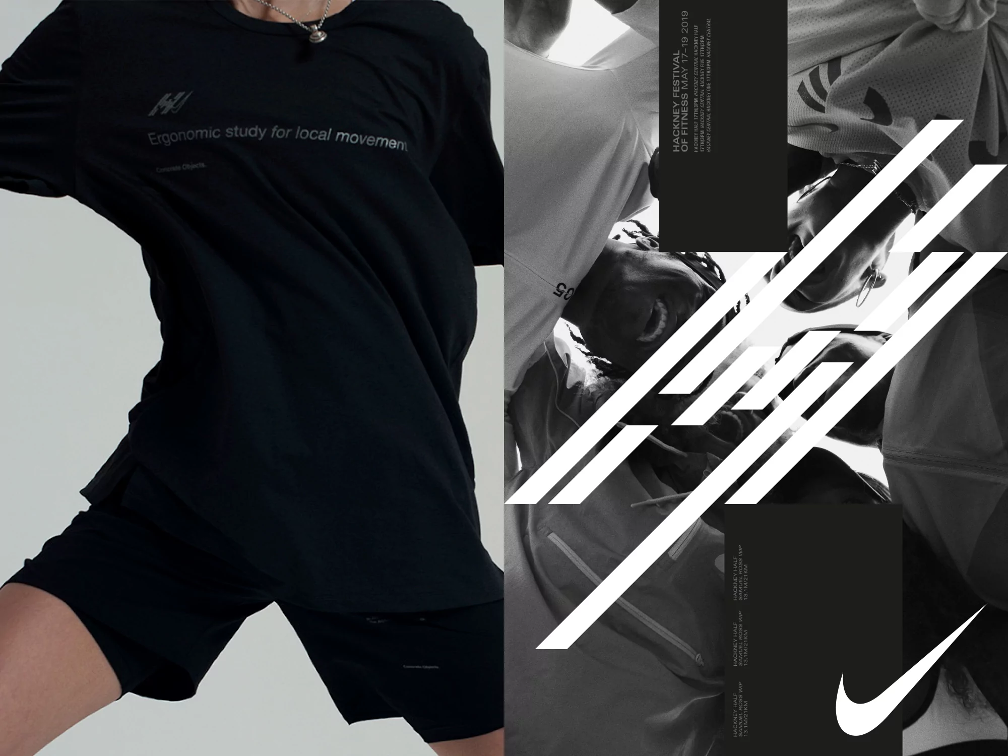 Athletic person in black activewear posing with fitness graphic promoting Hackney Festival, focusing on fashion and sports themes.