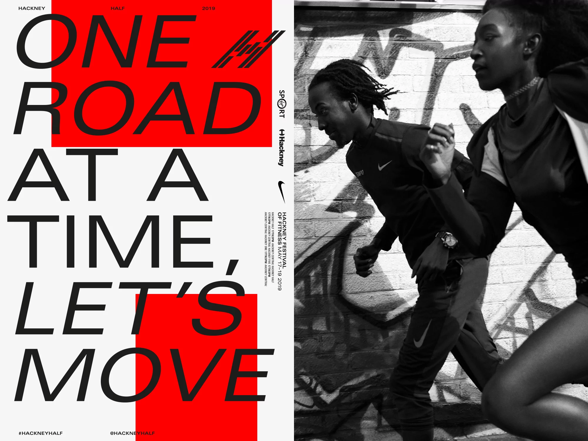 Two athletic Black women are captured in motion, running against a graffiti wall, promoting Hackney Half marathon with bold typography.