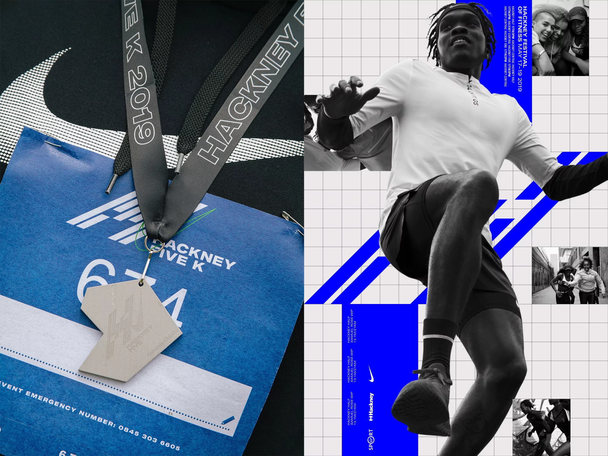 Promotional image for Hackney Five K event featuring an athlete in motion, badge, and Nike branding against a graphic design backdrop.