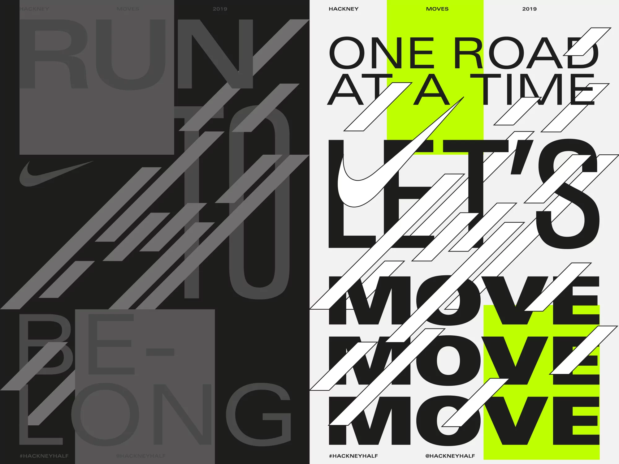 Two side-by-side graphic design posters advertising a Nike event, featuring bold typography, diagonal lines, and black, white, and neon green colors.