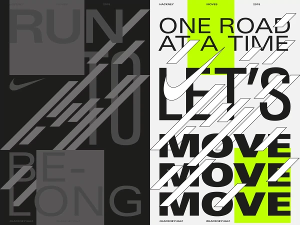 Two side-by-side graphic design posters advertising a Nike event, featuring bold typography, diagonal lines, and black, white, and neon green colors.