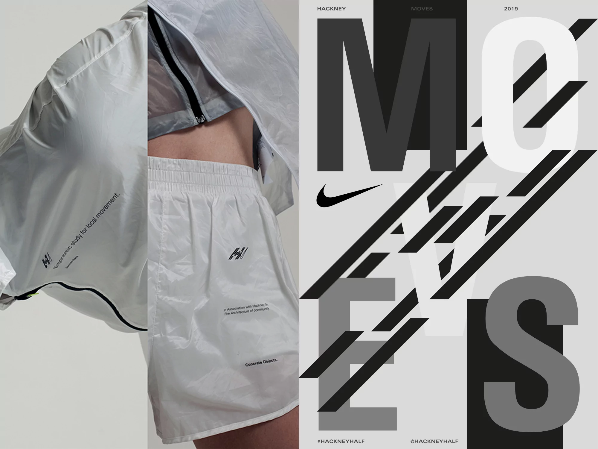 A split image features Nike apparel on a person and graphic design with Nike logo, Hackney Moves text, and diagonal lines.