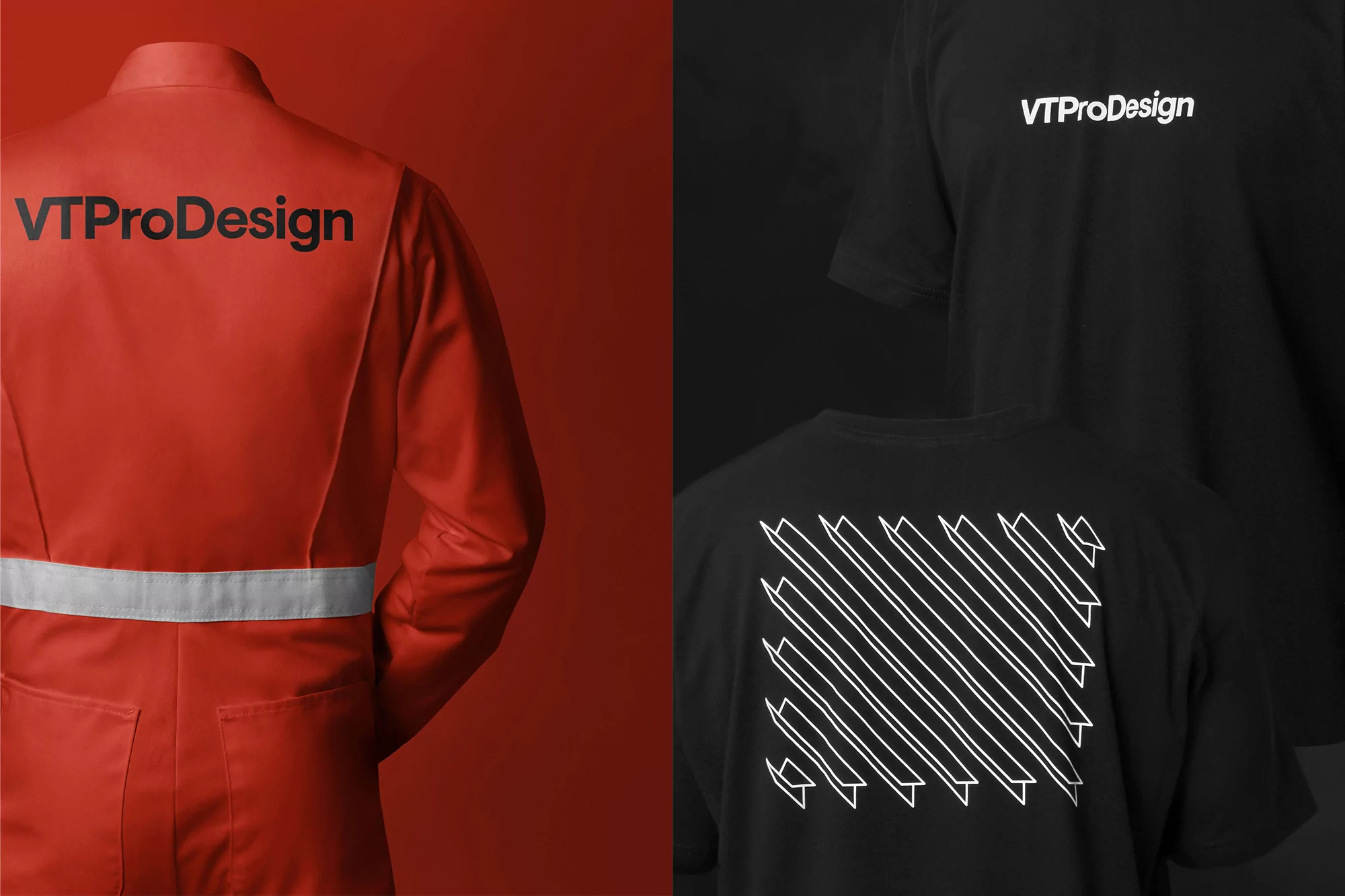 Red coverall and black T-shirts with white graphic prints are displayed against split red-black background in a studio setting.