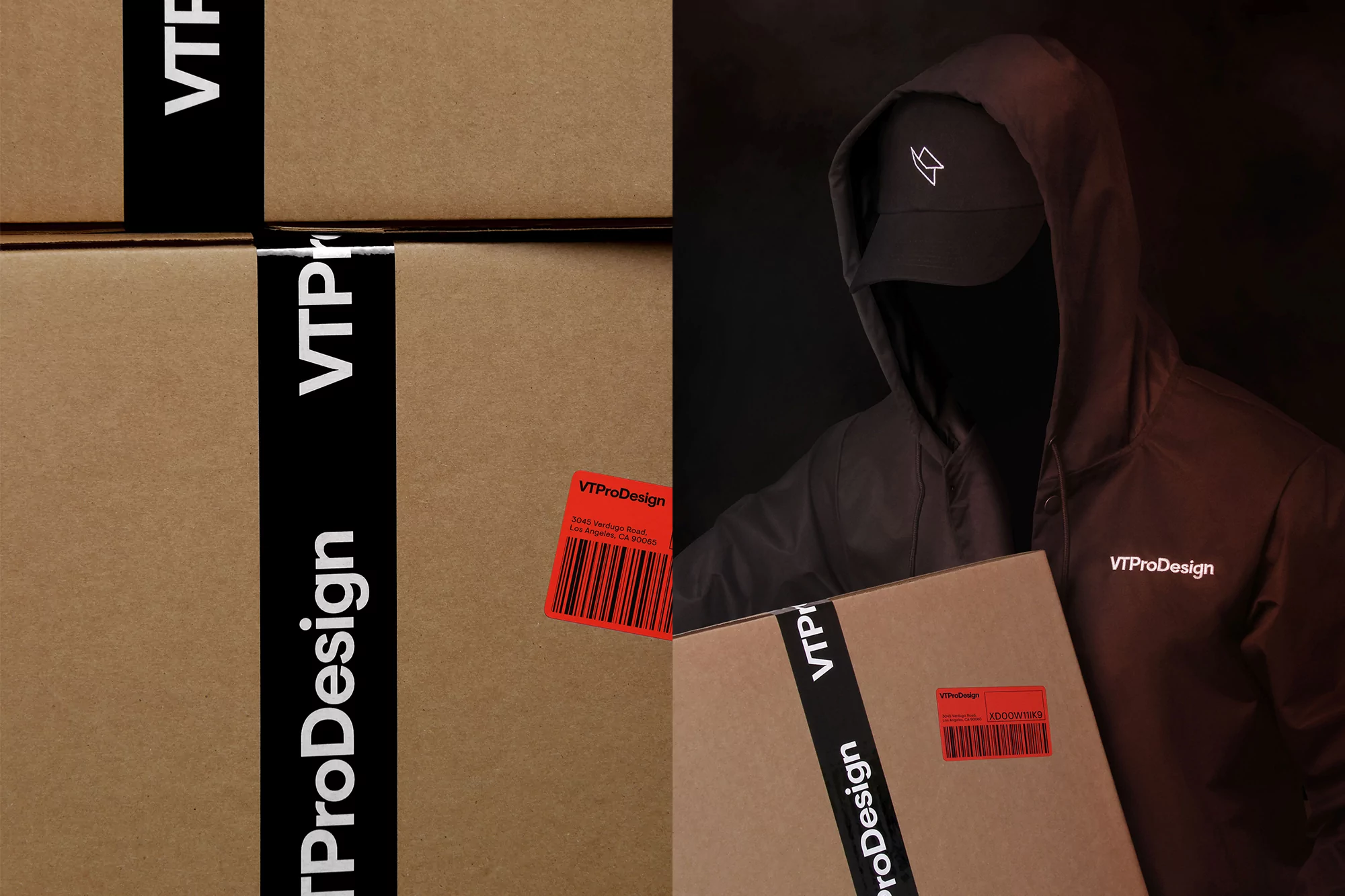 Boxes with VProDesign branding, person in hoodie with logo on cap and jacket, partially obscured face against a dark background.