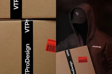 Cardboard boxes sealed with branded tape alongside a person wearing a dark hooded jacket and cap.