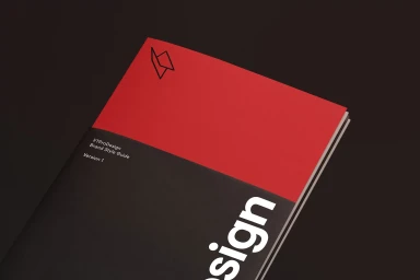Close-up of a VT Pro Design brand style guide booklet with a red and dark grey cover on a dark surface.