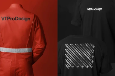 Red coverall with black VTProDesign logo and a black t-shirt with white graphic design details.