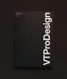 A dark vertical brand style guide book for VT Pro Design featuring large bold white typography on the cover against a dark background.