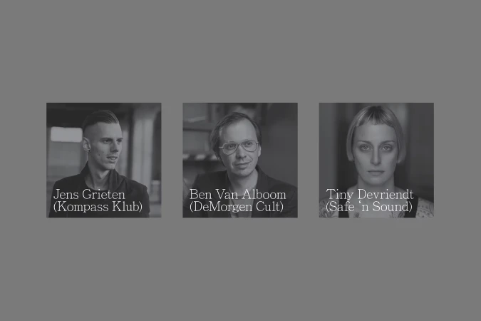 Black and white portrait of Jens Grieten, Ben Van Alboom, and Tiny Devriendt in three adjacent frames, with text overlays.