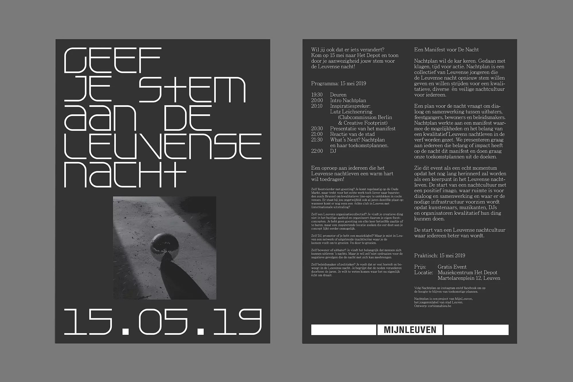 Graphic design poster for Nachtplan featuring large white sans-serif typography and a monochrome photograph on grey