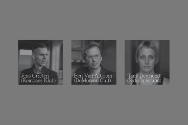 Three black and white portrait squares featuring Jens Grieten, Ben Van Alboom, and Tiny Devriendt against a solid grey background