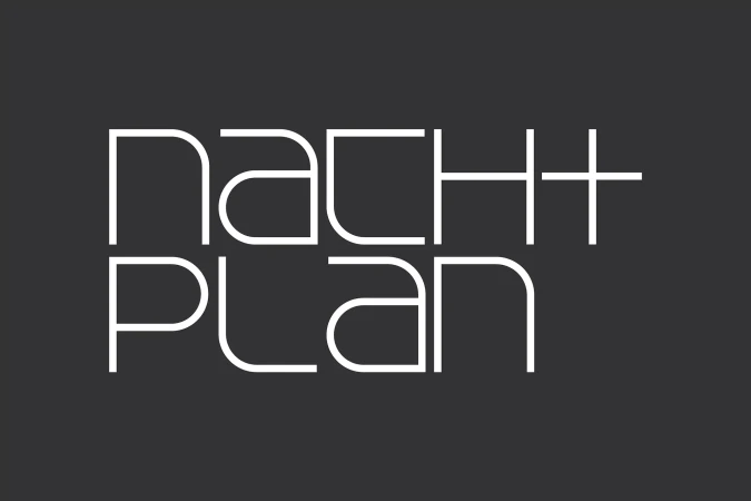 Minimalist white typographic logo reading Nachtplan set against a dark charcoal grey solid background