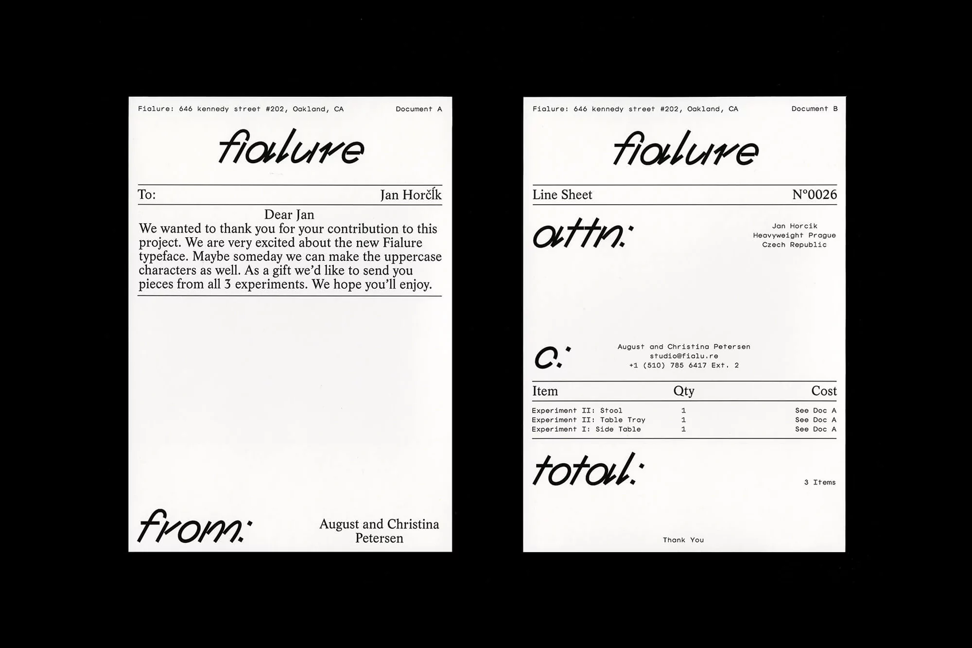 Two minimal documents side by side featuring Fialure typeface. One is a letter of thanks, and the other is a detailed line sheet.