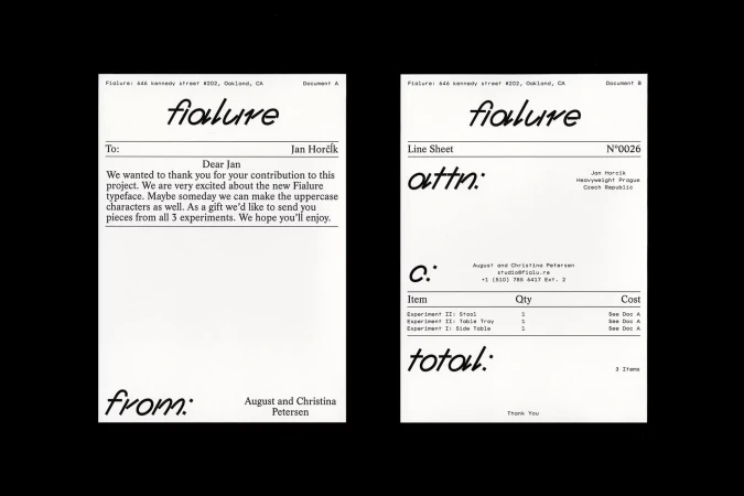 Two minimal documents side by side featuring Fialure typeface. One is a letter of thanks, and the other is a detailed line sheet.