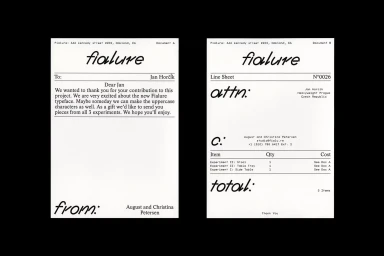 Two white documents with black printed text and handwritten headings for Fialure brand identity against black background