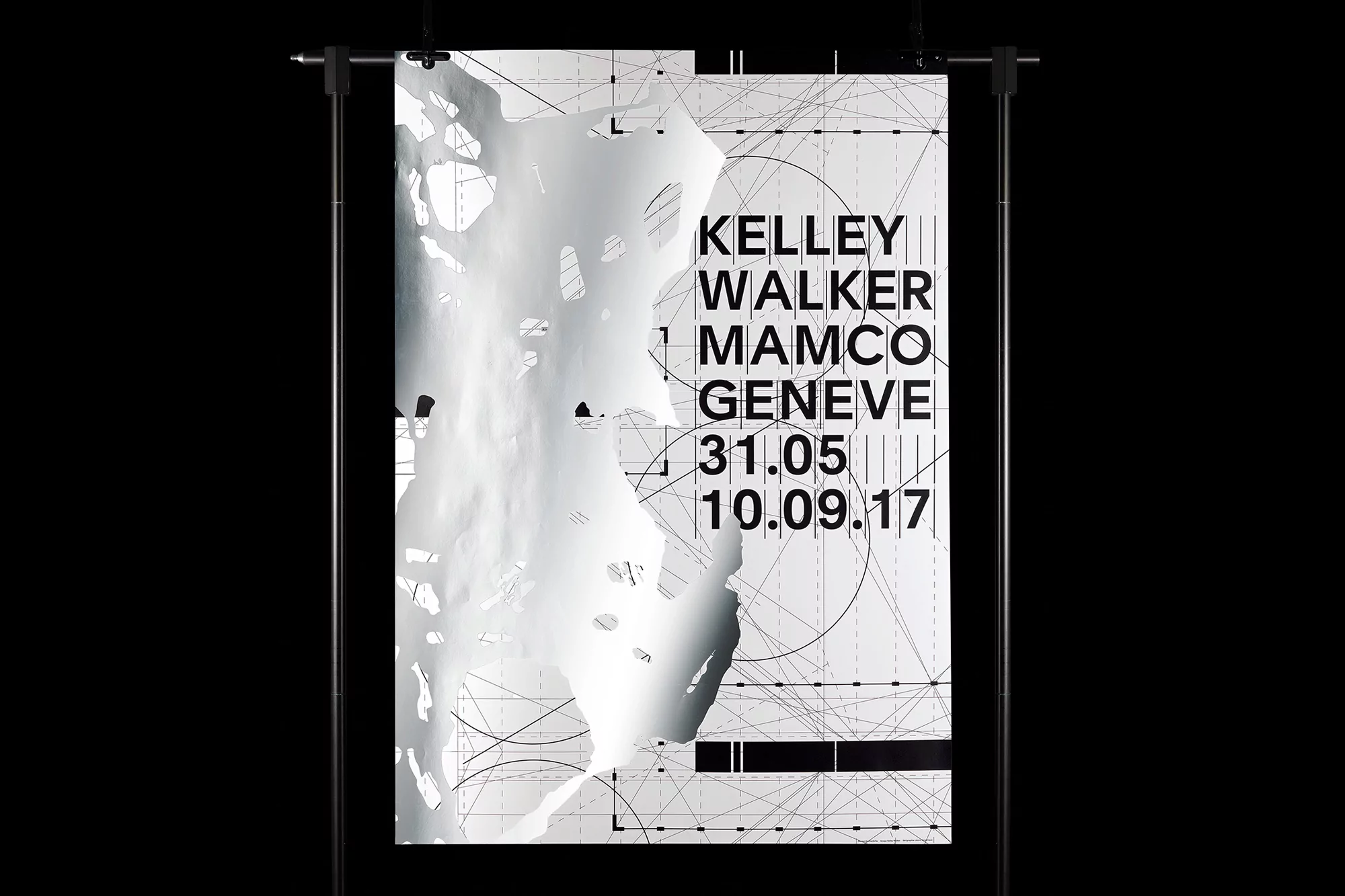 Promotional poster for Kelley Walker MAMCO GENEVE exhibition, featuring geometric shapes and typography on a black background.