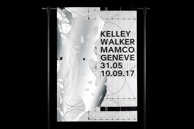 Promotional poster for Kelley Walker MAMCO GENEVE exhibition, featuring geometric shapes and typography on a black background.