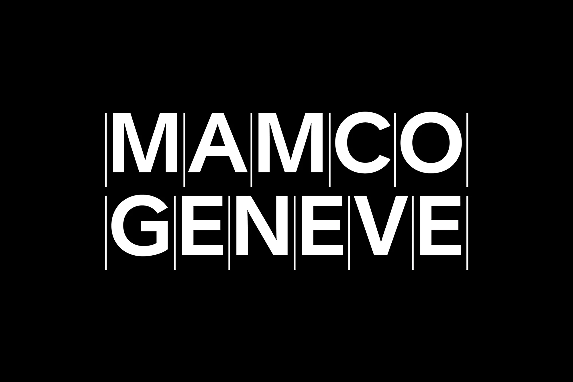 MAMCO GENEVE white text logo on a black background with vertical lines emphasizing each letter and creating a minimalist aesthetic.
