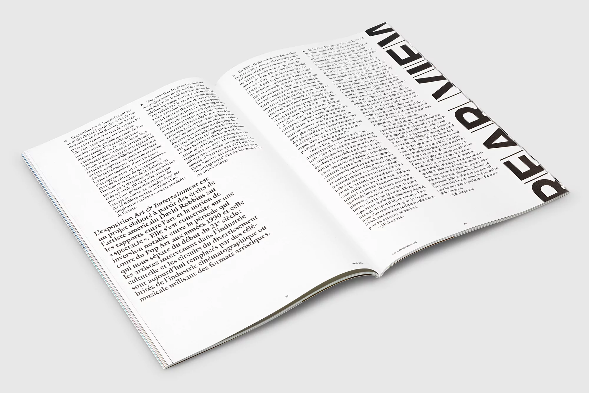 Open magazine displaying an article about art and entertainment, featuring text in French and bold 'DEADVIEW' lettering.