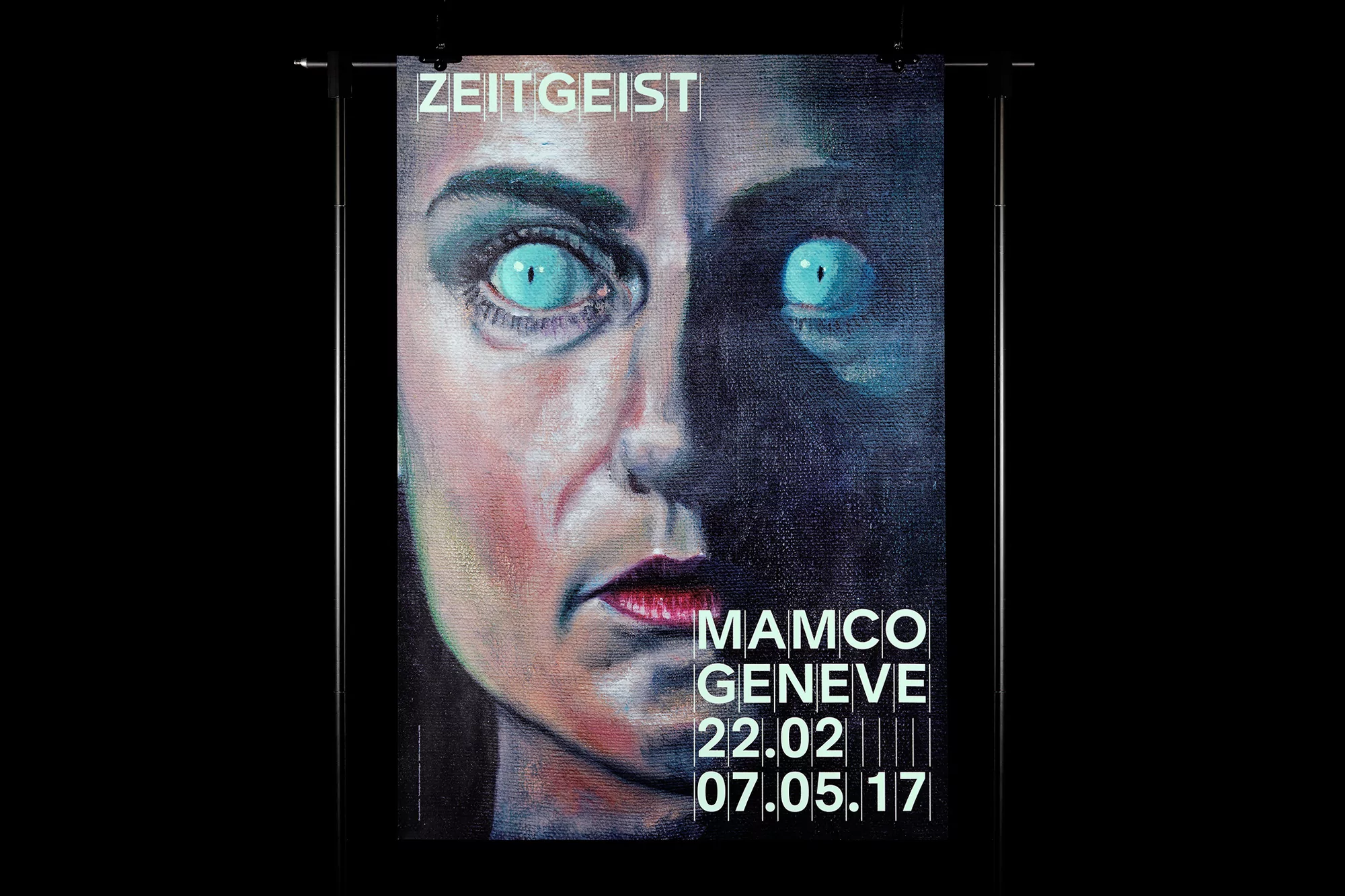 Artistic portrait of a woman with bright blue eyes against a dark background, painted on canvas with visible brushstrokes and overlaid text.