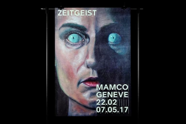 Exhibition poster for Zeitgeist at Mamco Geneve featuring a painted portrait with glowing blue eyes and bold white typography against a dark background.