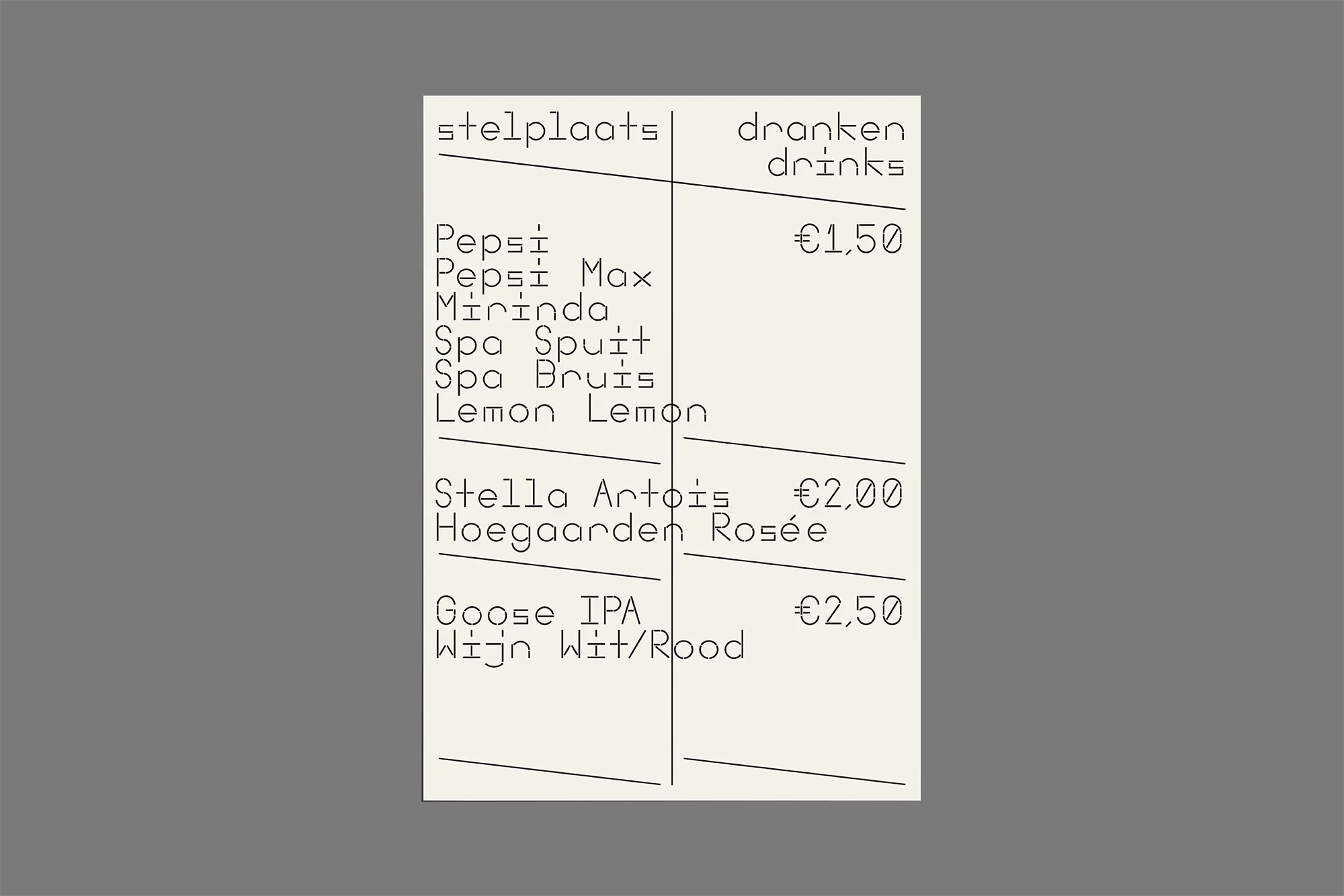 Price list of drinks featuring brands such as Pepsi, Stella Artois, and Goose IPA, with prices in euros, against a plain background.