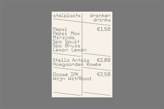 Price list of drinks featuring brands such as Pepsi, Stella Artois, and Goose IPA, with prices in euros, against a plain background.