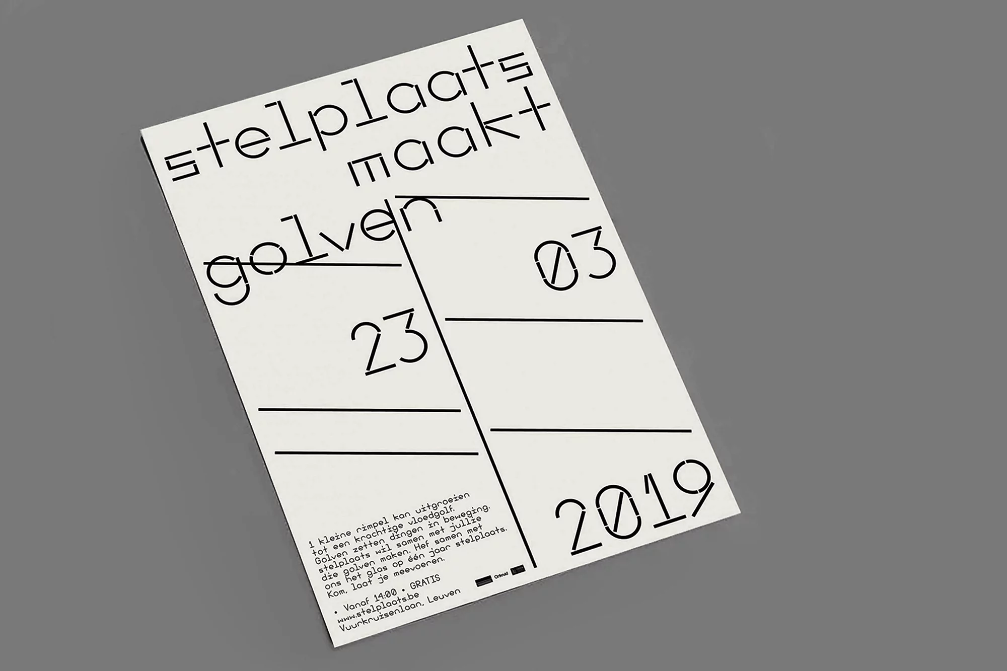 Black and white poster featuring bold graphic typography against gray backdrop with publication title, event dates, and descriptive text.