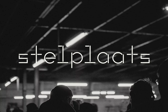 Monochrome brand identity image for Stelplaats showing typographic logo over dark figures and lit ceiling structures