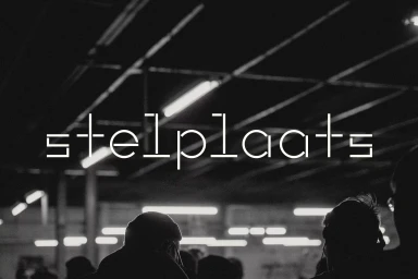 Monochrome brand identity image for Stelplaats showing typographic logo over dark figures and lit ceiling structures