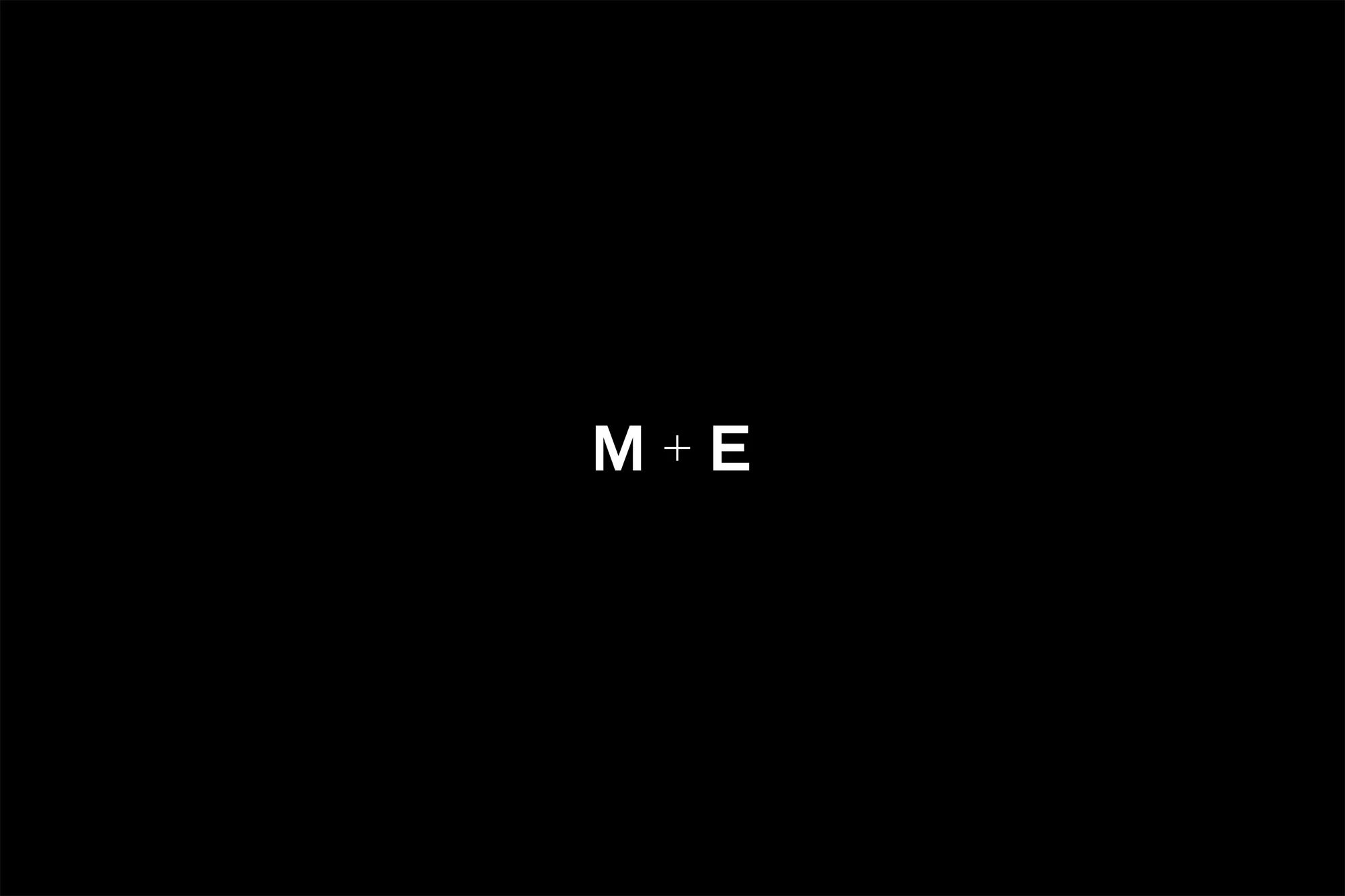 Minimalist black brand identity graphic featuring white letters M and E joined by a plus sign centered on a solid black background.