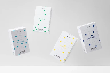 Four branded white product packaging boxes floating against a light grey background with minimal dot patterns.