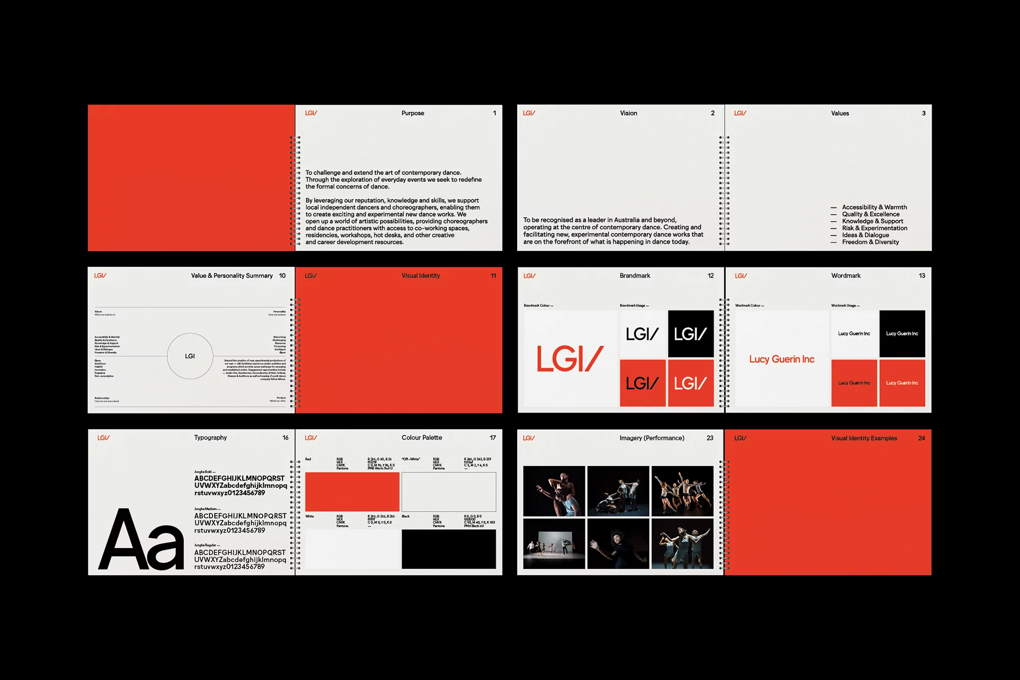 Lucy Guerin Inc branding design presentation featuring typography, color palettes, brand marks, imagery, and visual identity examples.