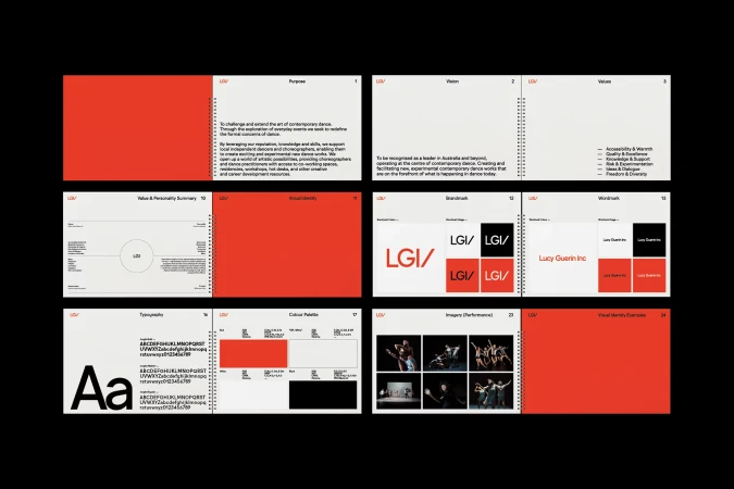 Lucy Guerin Inc branding design presentation featuring typography, color palettes, brand marks, imagery, and visual identity examples.