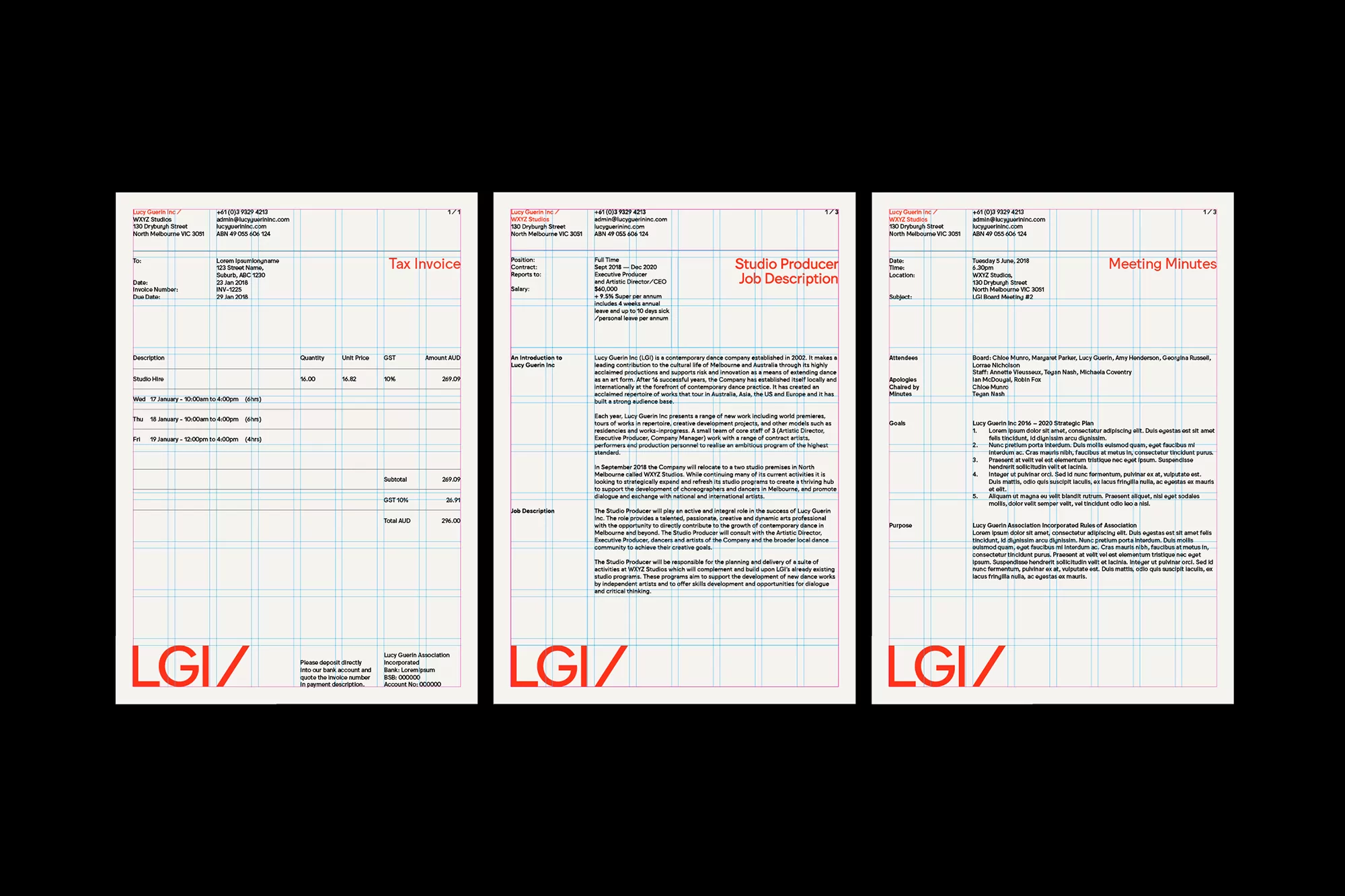Three LGI company documents, a tax invoice, studio producer job description, and meeting minutes, are displayed against a blue grid.