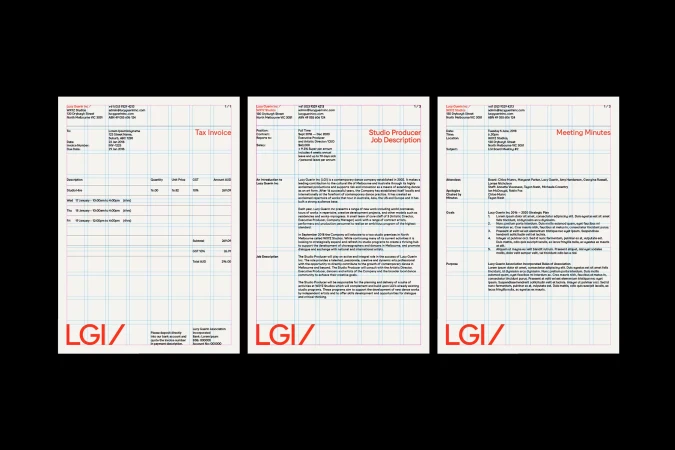 Three LGI company documents, a tax invoice, studio producer job description, and meeting minutes, are displayed against a blue grid.