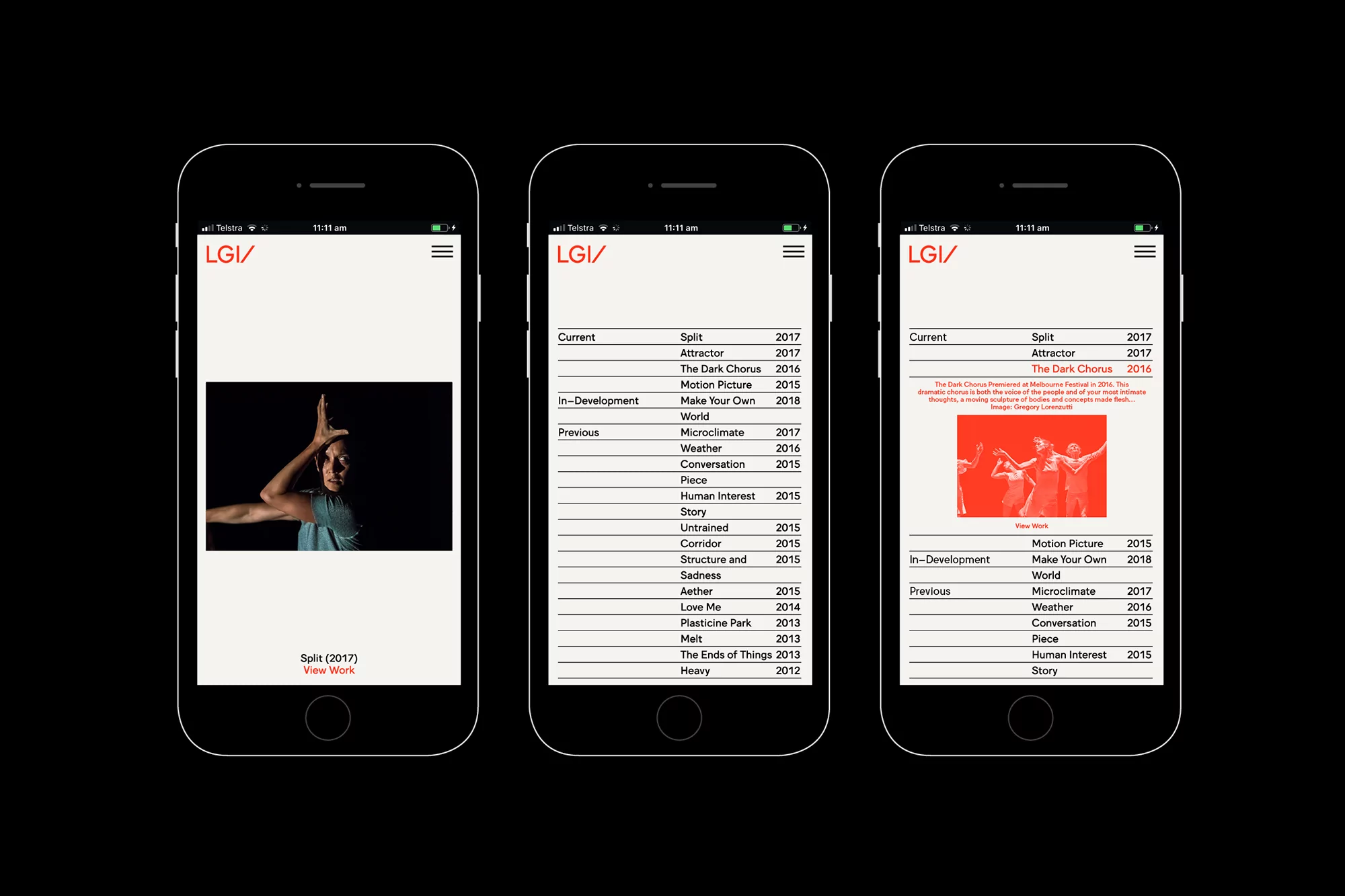 Three iPhones display an LGI website: the first showing a dancer, the second a listing of works, and the third a program detail.