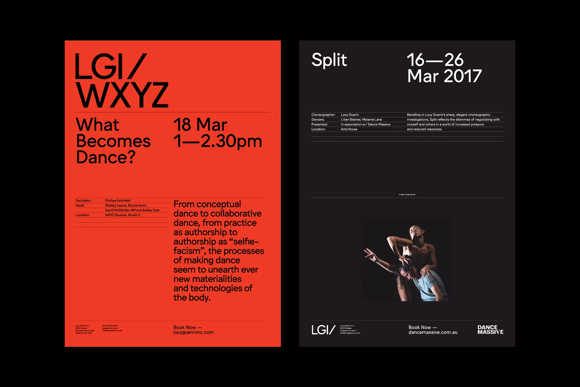 Two event posters side-by-side: one red and textual, the other black with dancers. Both advertise a dance performance.