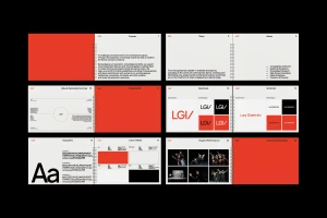 Grid of brand identity guidelines pages for Lucy Guerin Inc showing red and white typography, logomarks, and dance imagery.