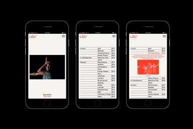 Three mobile phones displaying the responsive mobile interface of the Lucy Guerin Inc brand identity website design by M.Giesser