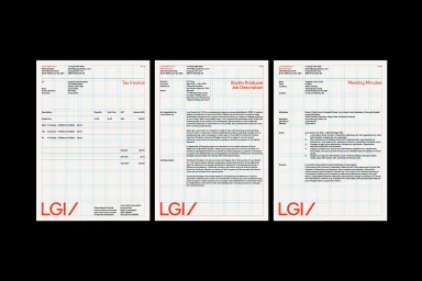 Three white pages with red grid lines, typography, and red LGI logo for Lucy Guerin Inc brand identity design