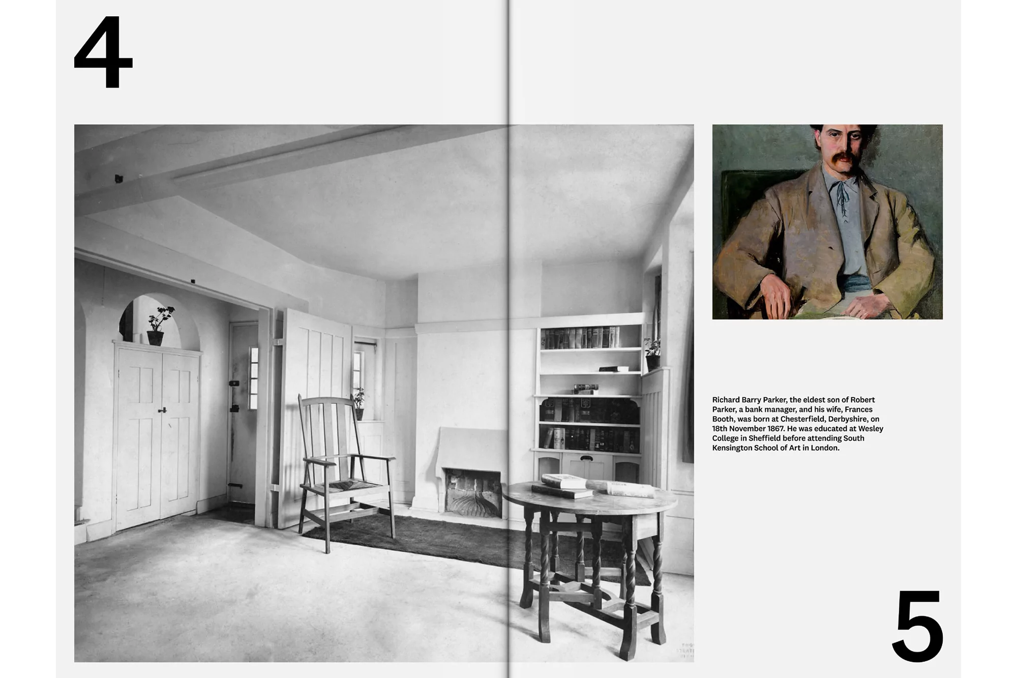 Black and white photo of an interior with a chair, table, bookcase, and a framed painting of a man on the right side of the page.
