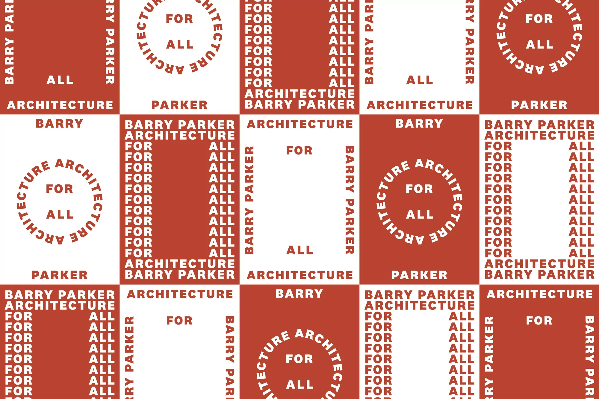 Geometric pattern featuring typography of 'Barry Parker Architecture for All', set in a red and white checkerboard design.
